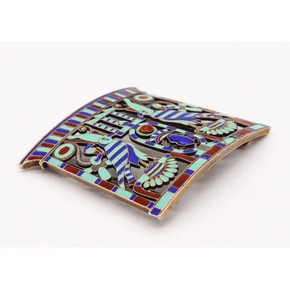 French 1880 Egyptian Revival Pectoral Silver Champleve Cloisonne Lapis - Picture 2 of 7